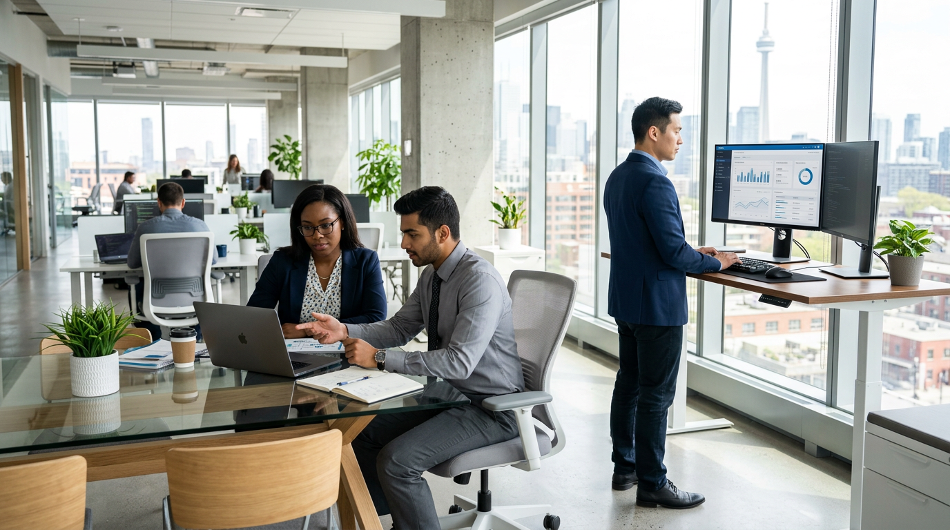 Balanced+ IT team collaborating in a modern Toronto office