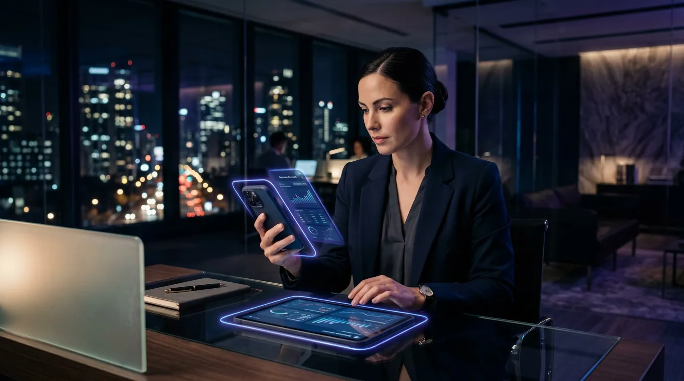Business professional accessing protected corporate data on a personal smartphone and tablet