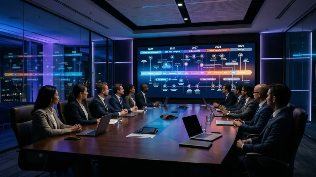 IT leadership team reviewing a multi-year technology roadmap on a boardroom screen