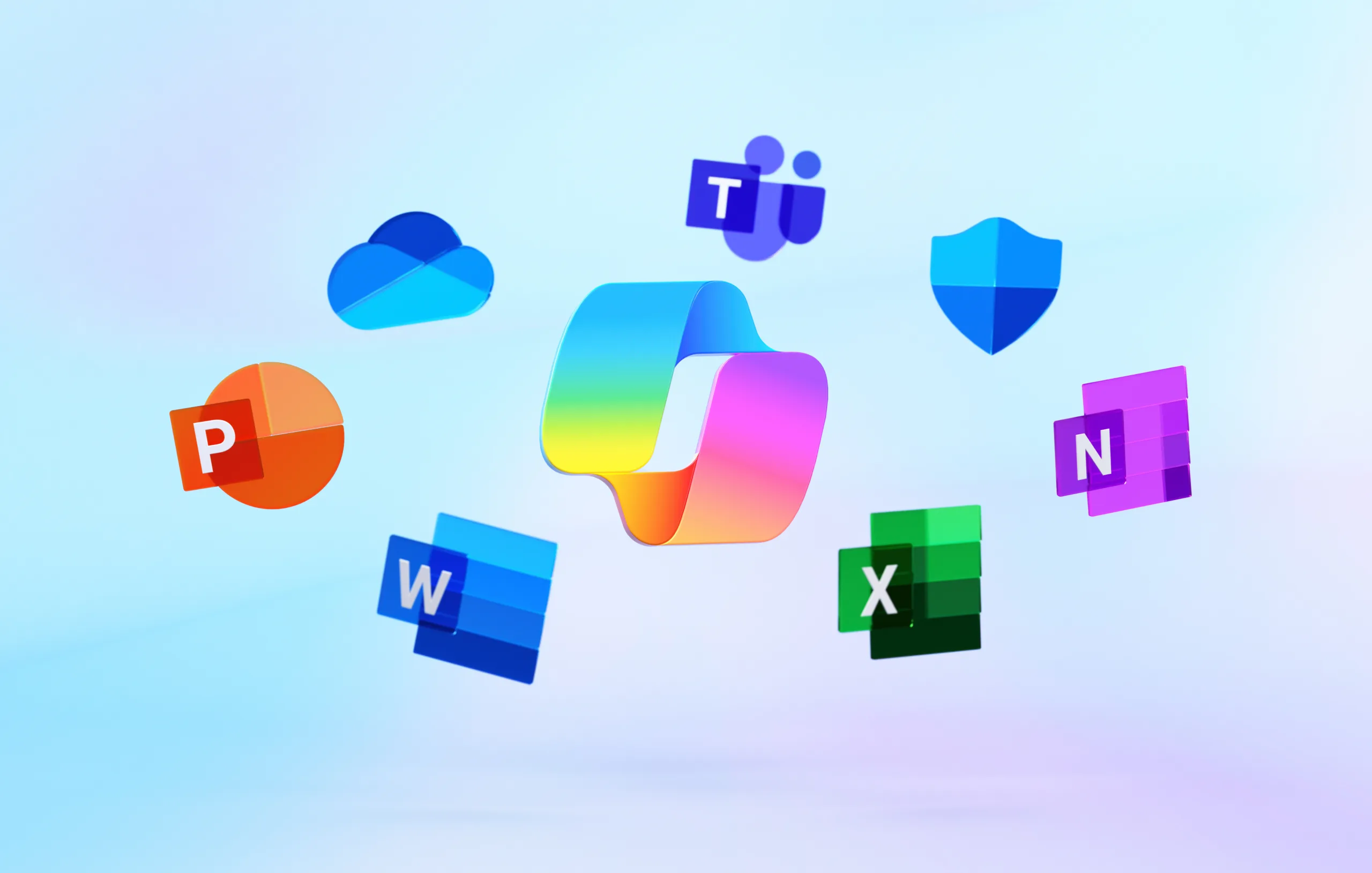 Microsoft 365 apps with Copilot AI integration displayed in a 3D illustration