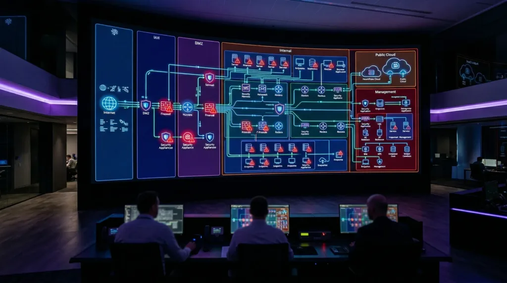Network security architecture diagram on a wall of screens in an operations room