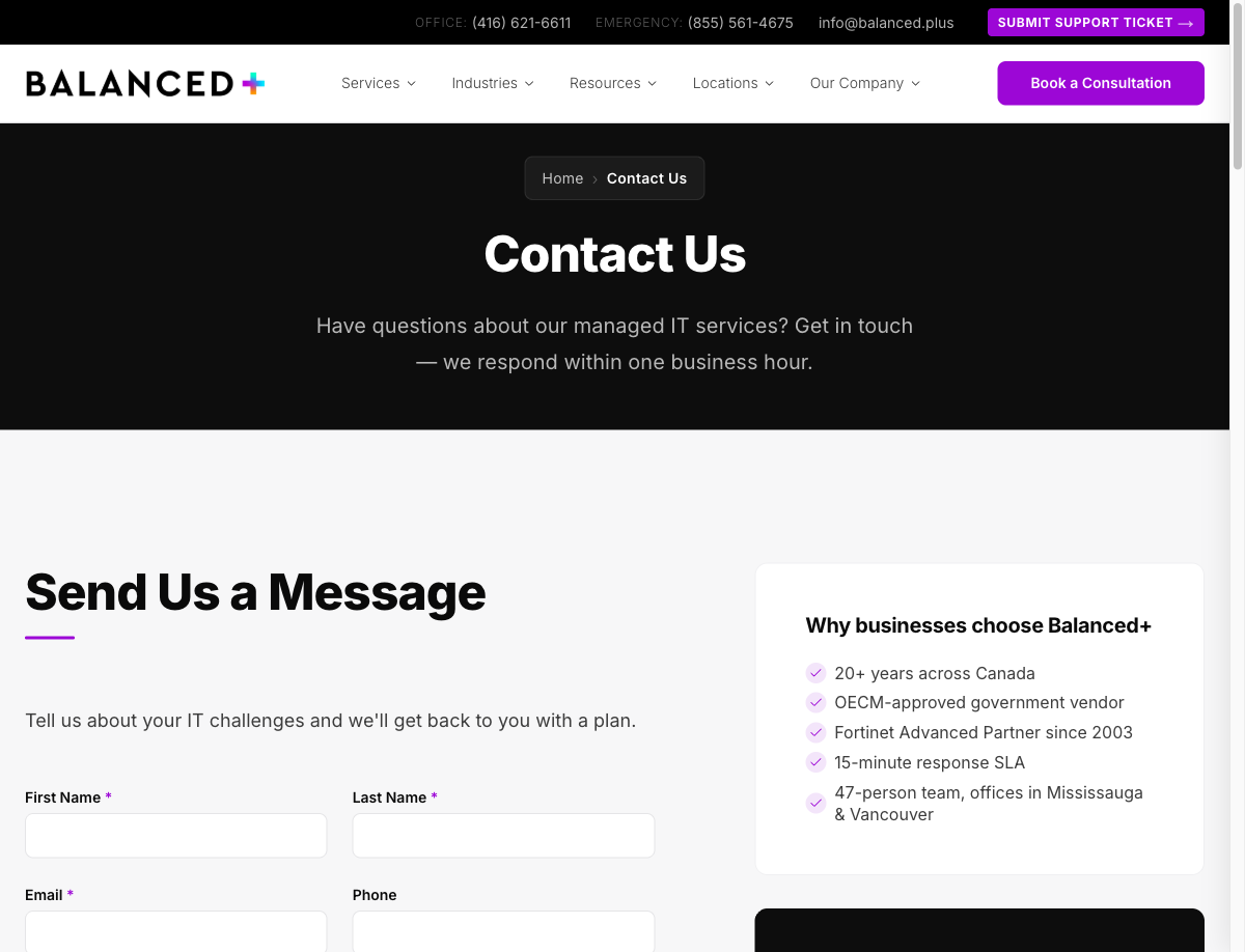 Screenshot of an AI agent navigating to the BALANCED+ contact page to begin automated form testing