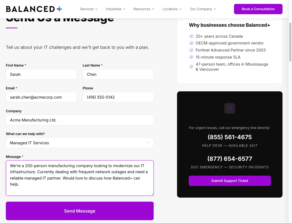 Screenshot showing an AI agent that has automatically filled in all fields of a contact form including name, email, company, service type, and message