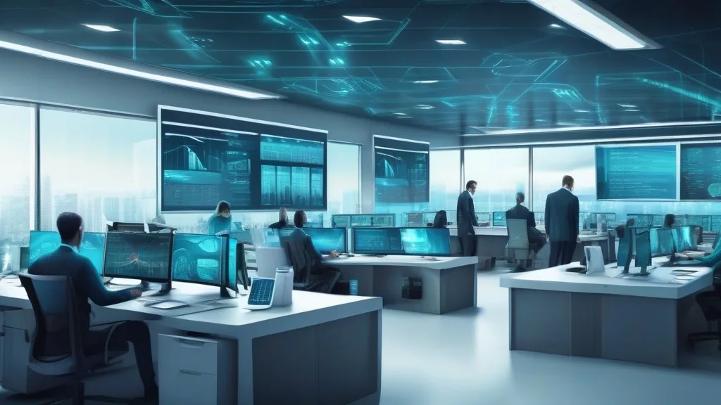 Security Operations Center team monitoring dashboards in a modern office environment