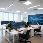 Modern cybersecurity operations center with team monitoring firewall security dashboards
