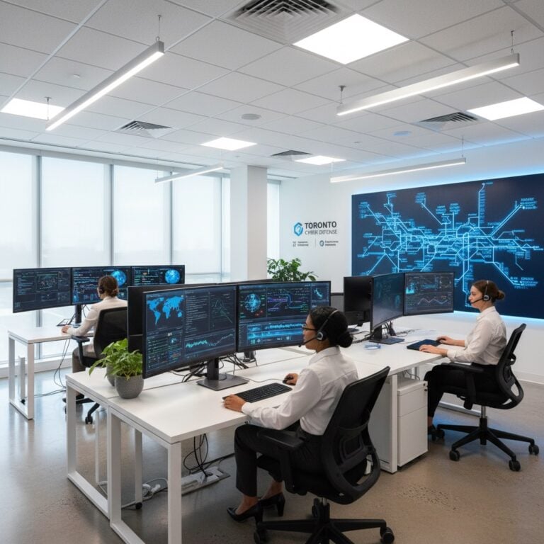 Modern cybersecurity operations center with team monitoring firewall security dashboards