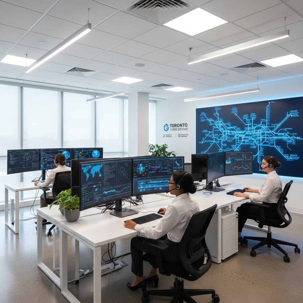 Modern cybersecurity operations center with team monitoring firewall security dashboards