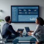 IT Director and operations manager reviewing vendor management dashboard in modern office