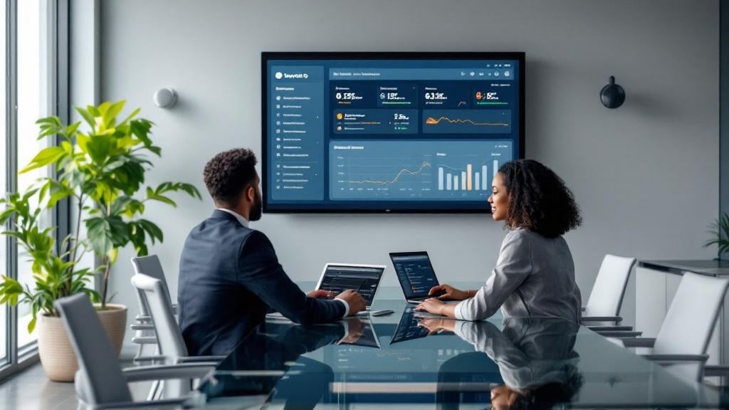 IT Director and operations manager reviewing vendor management dashboard in modern office
