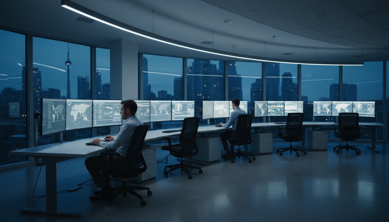 Toronto security operations center with one analyst at multiple empty workstations, illustrating the staffing shortage at mid-market companies