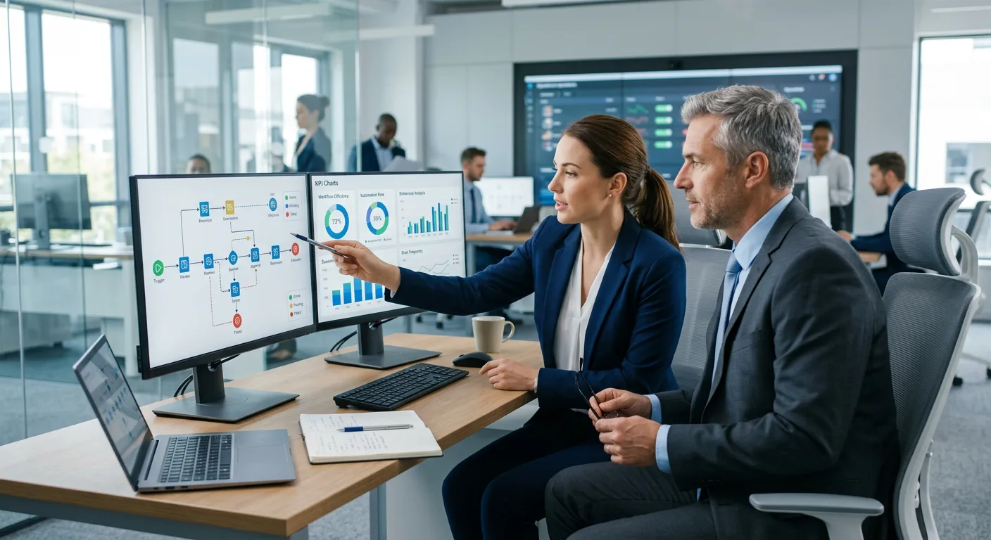 Business team reviewing automated workflow dashboards and process metrics