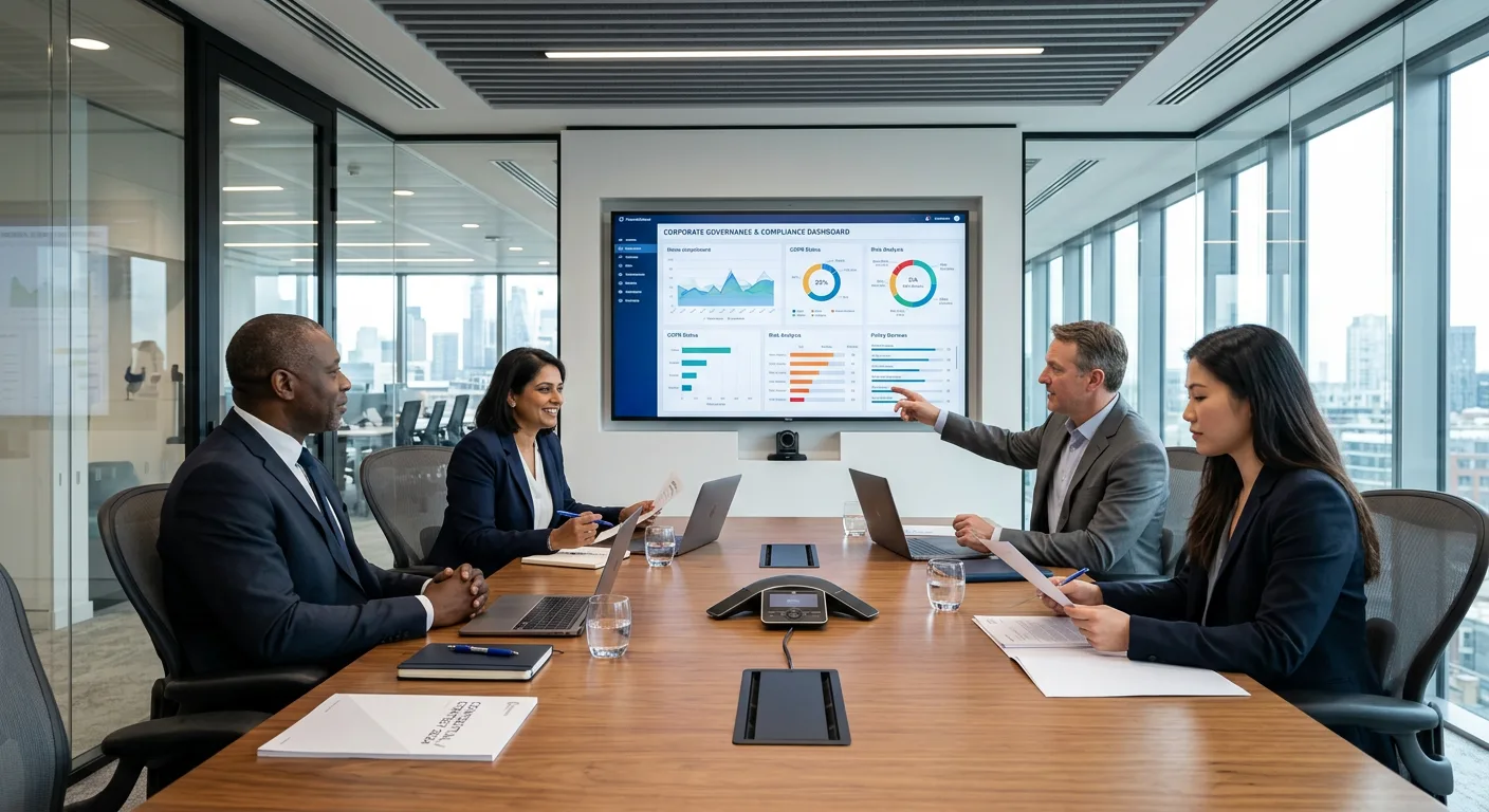 Executive team reviewing AI governance and compliance framework in boardroom