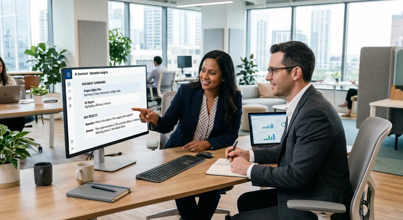 Professional team using AI-powered document assistant in modern office
