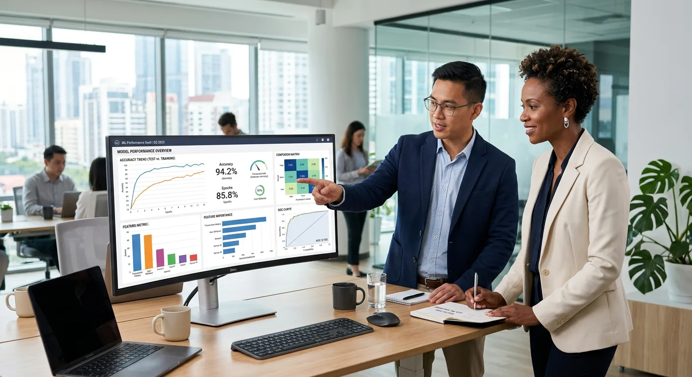 Data scientist and IT director reviewing machine learning model performance dashboards