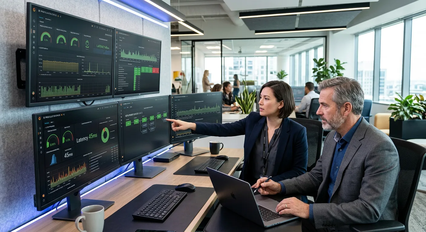 DevOps engineer monitoring AI model deployment and performance metrics