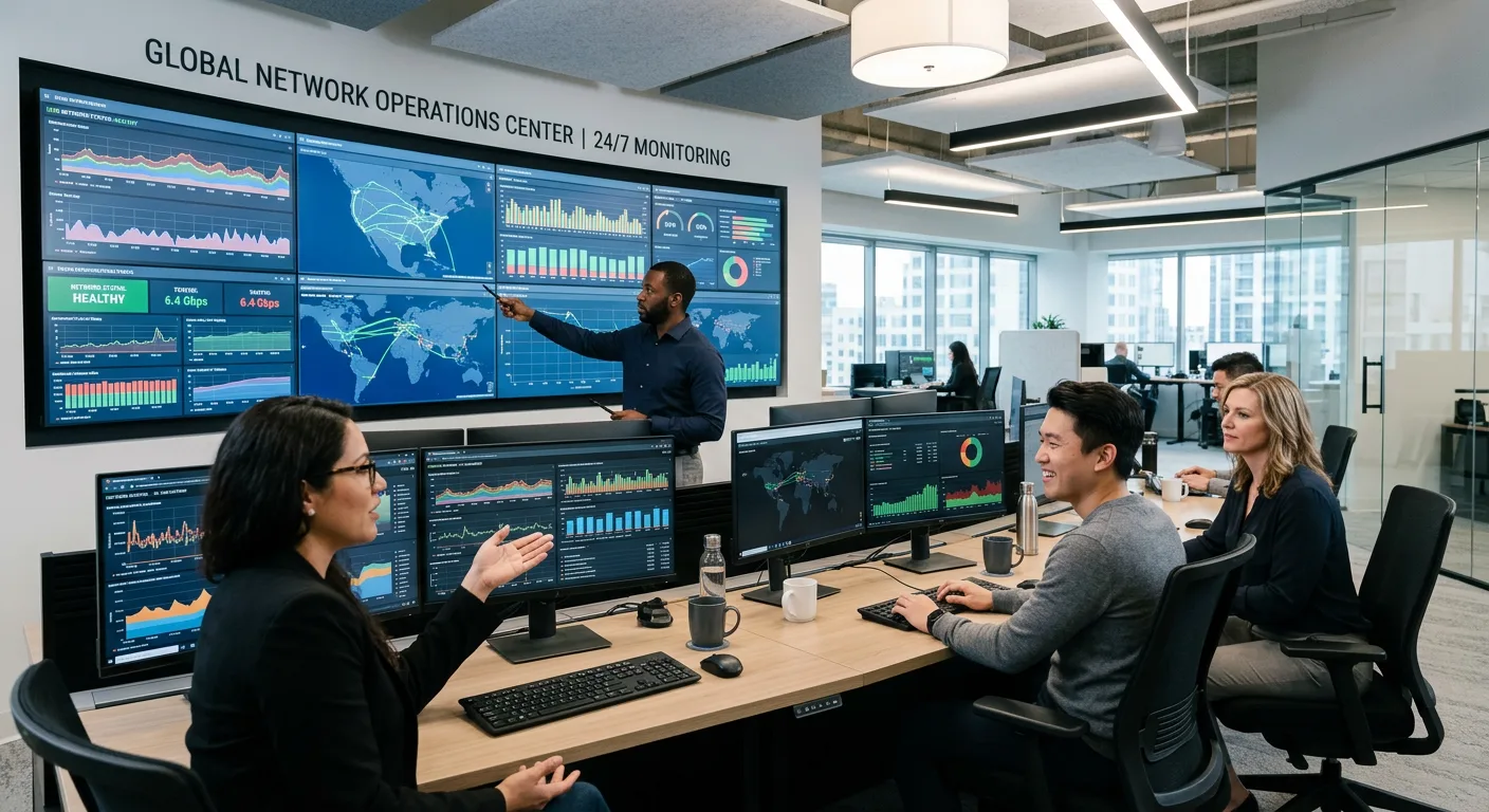 IT team monitoring infrastructure dashboards at Network Operations Center
