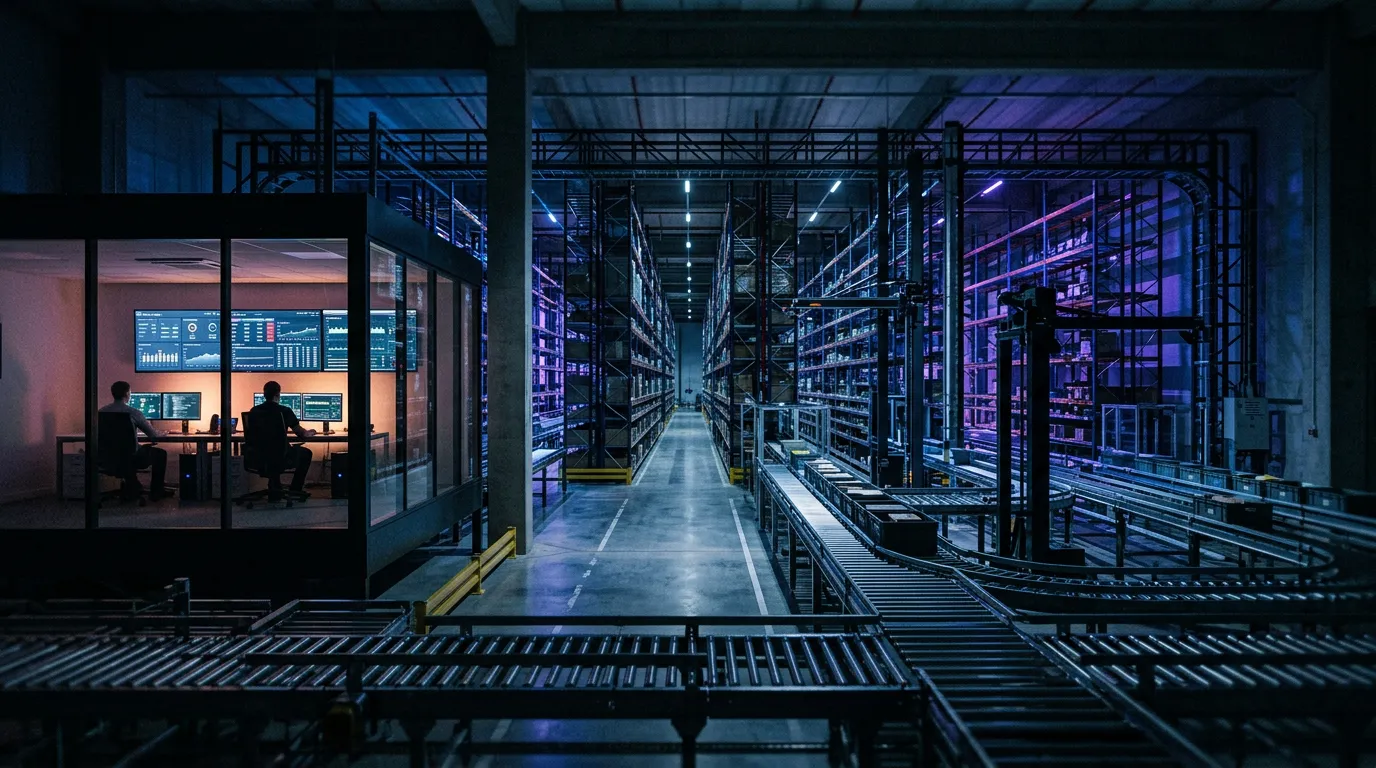 Automated distribution warehouse at night with a glass-walled control room showing network monitoring dashboards