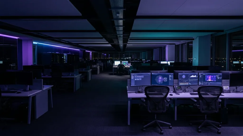 Nearly empty office at night with a single person working at a distant desk