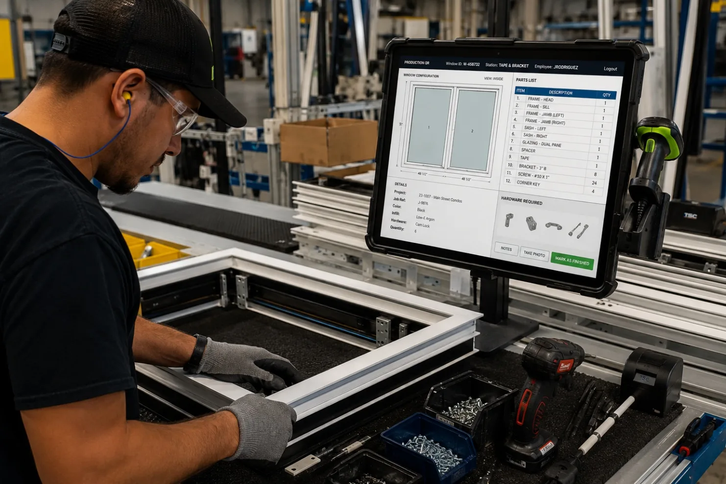 Fabricator assembling a window at a station with an ERP production terminal showing the live parts list