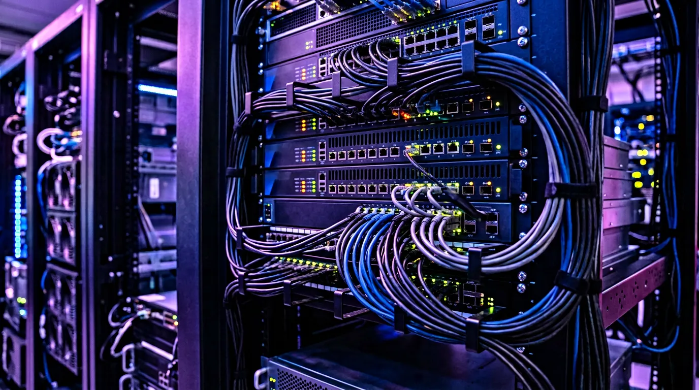 Rack of firewall appliances and network switches in a server room