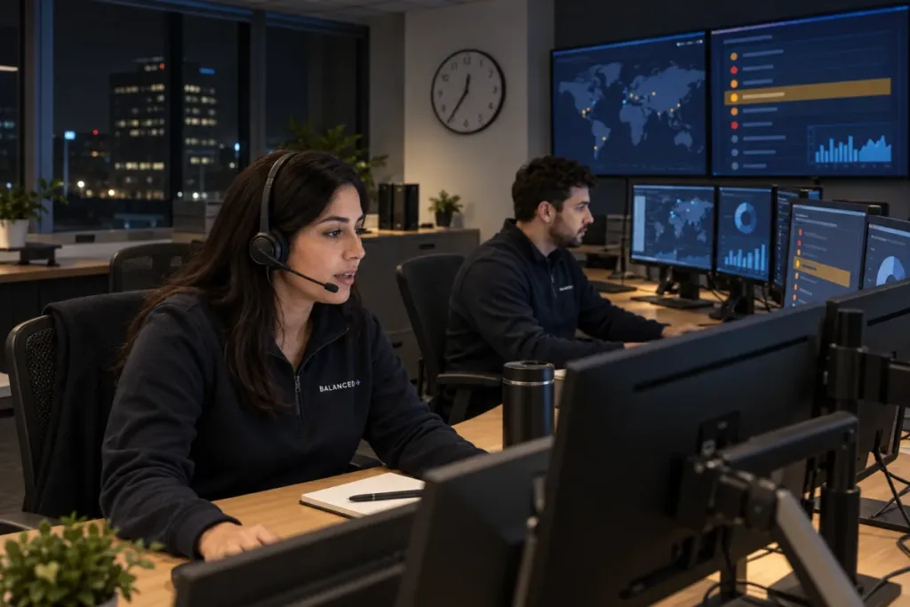 BALANCED+ security analysts watching client sign-ins and devices in the security operations centre at night.
