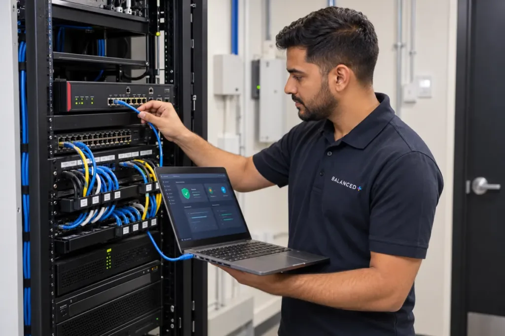 BALANCED+ technician checking a client's firewall in a network cabinet during routine maintenance.