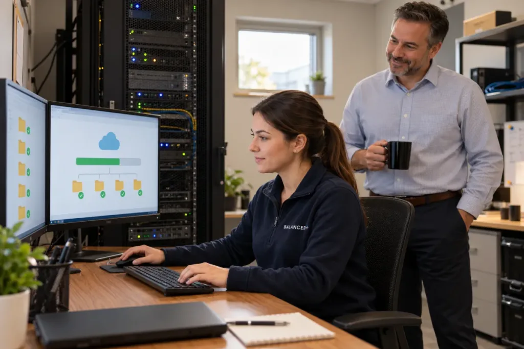 BALANCED+ engineer restoring a client's server from backup while the client IT manager looks on.