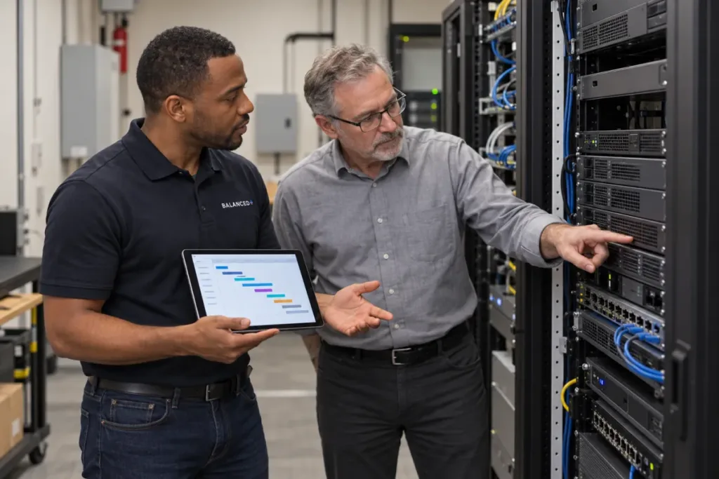 BALANCED+ project lead reviewing a project plan with a client IT manager next to an older server rack.