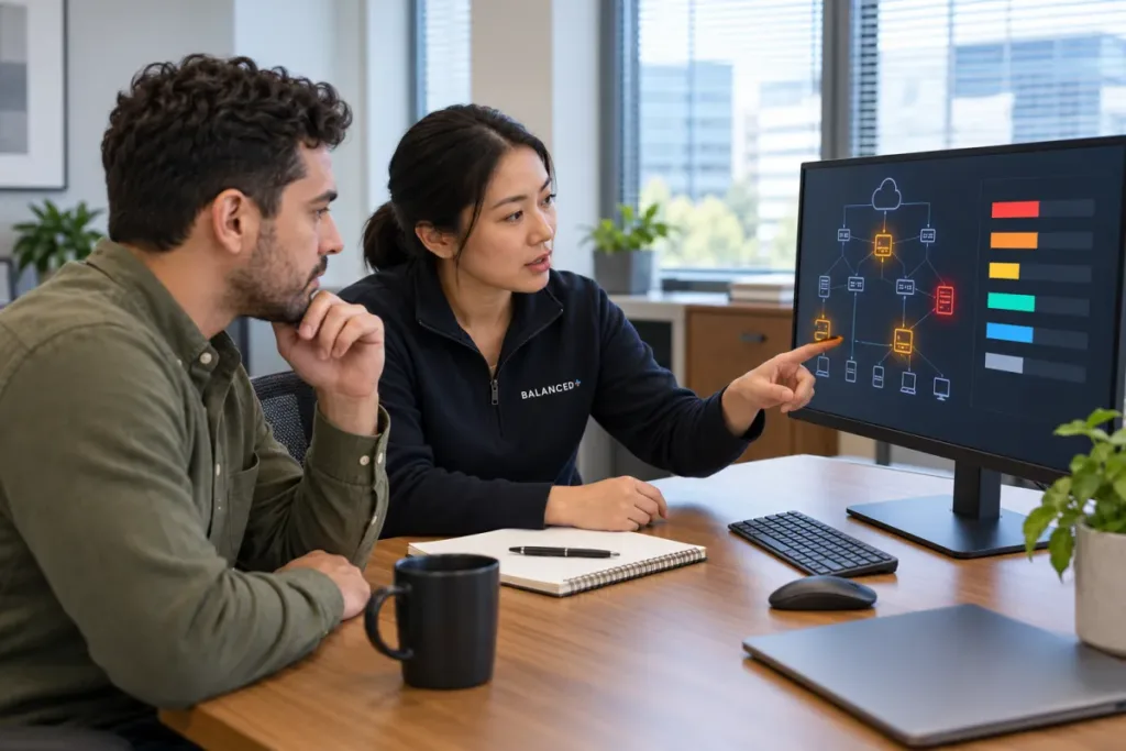 BALANCED+ consultant walking a client IT manager through the findings of a security architecture review.
