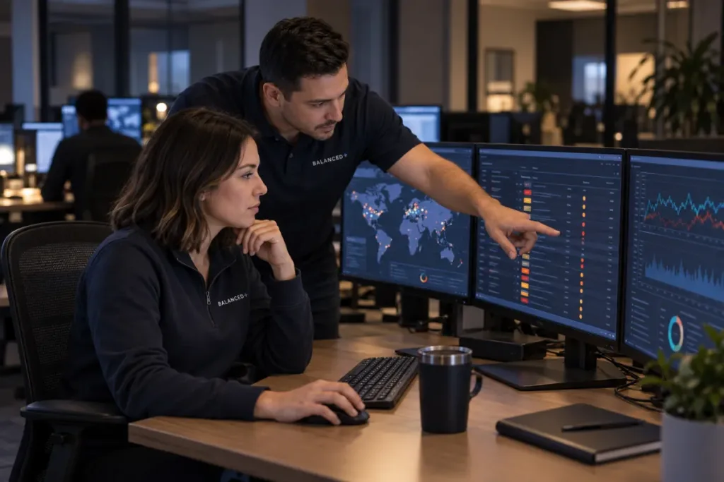 BALANCED+ security analyst watching device and sign-in alerts in the security operations centre at night.