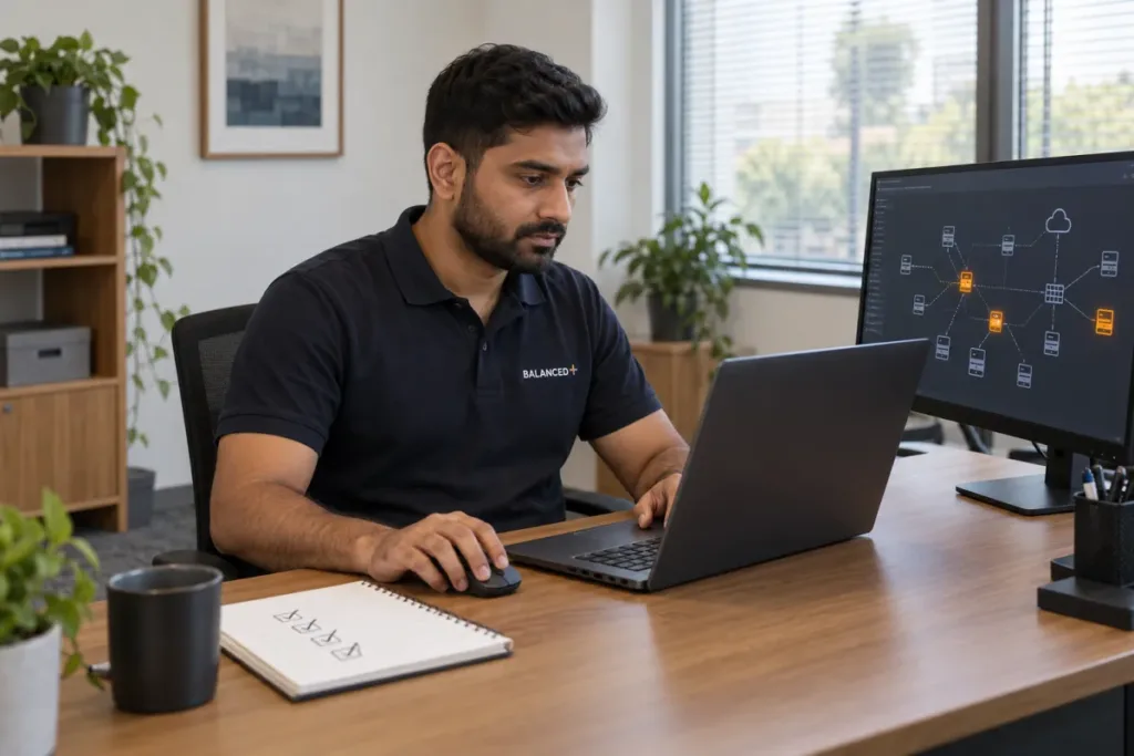 BALANCED+ security engineer running an authorised penetration test from a laptop in a client office.