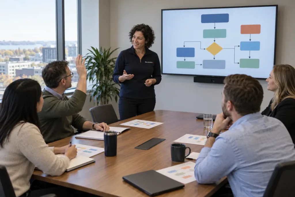 BALANCED+ facilitator leading an incident readiness workshop with a Burlington client's managers.