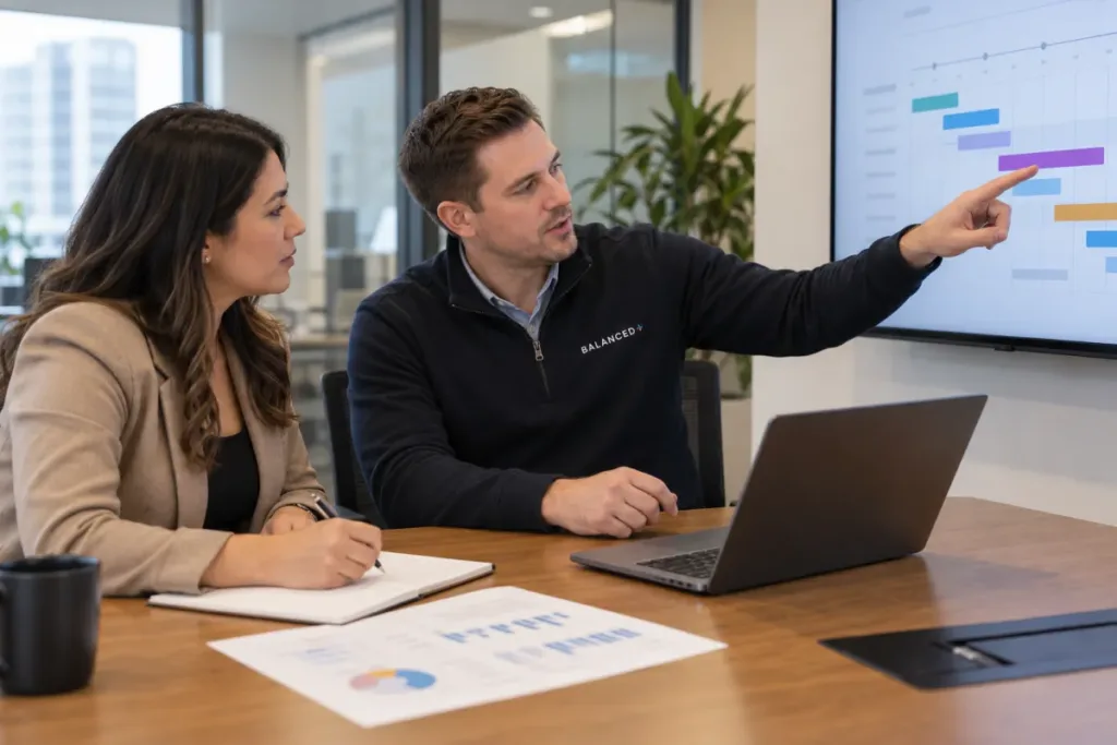 BALANCED+ advisor reviewing a multi-year IT roadmap with a client's finance lead in a meeting room.