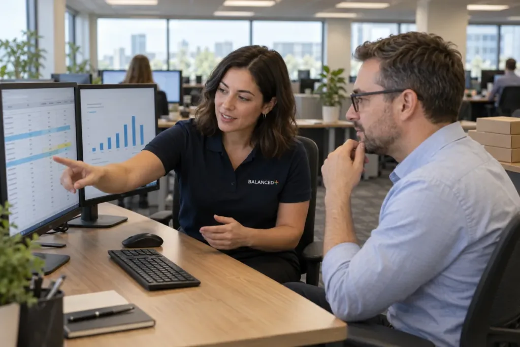 BALANCED+ consultant comparing licence counts with a client IT manager at a workstation.