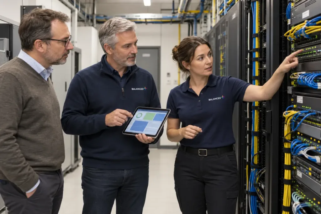 BALANCED+ advisor and engineer walking a Burlington client through a server room review.