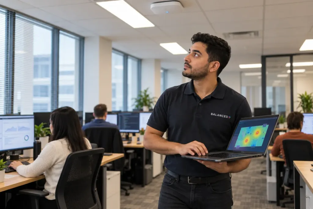 BALANCED+ technician testing Wi-Fi signal with a laptop in a client's open-plan office.