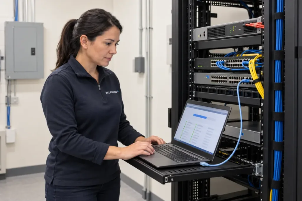 BALANCED+ engineer updating a firewall in a client's network cabinet.