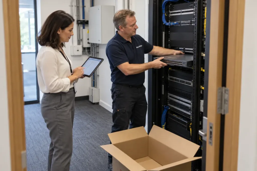 BALANCED+ technician installing a new switch while a Burlington client's IT manager checks the plan.