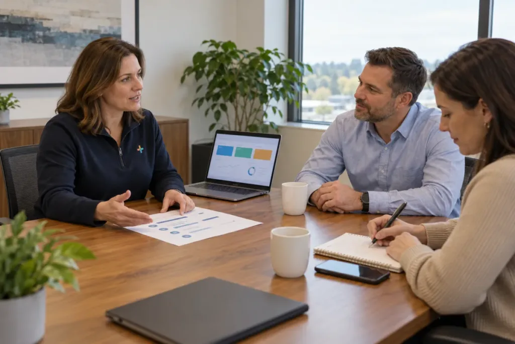 BALANCED+ advisor agreeing IT priorities with a client's owner and operations manager.