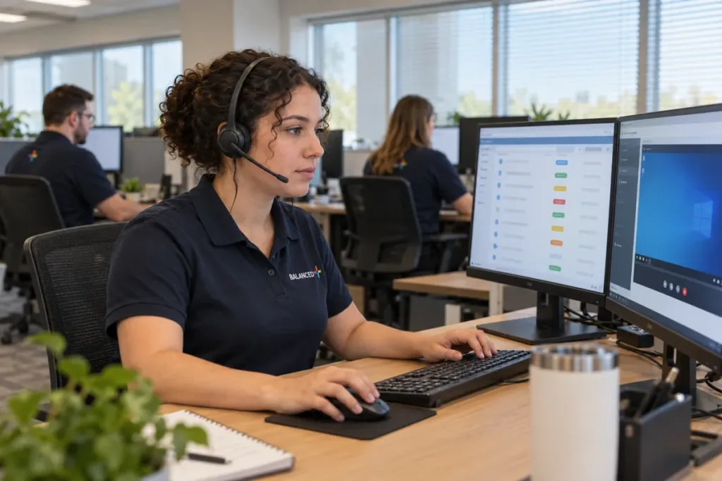 BALANCED+ help desk technician on a headset handling a client request.