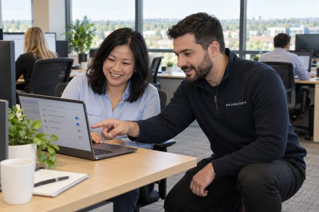 BALANCED+ technician helping a staff member at their desk in a Burlington client office.