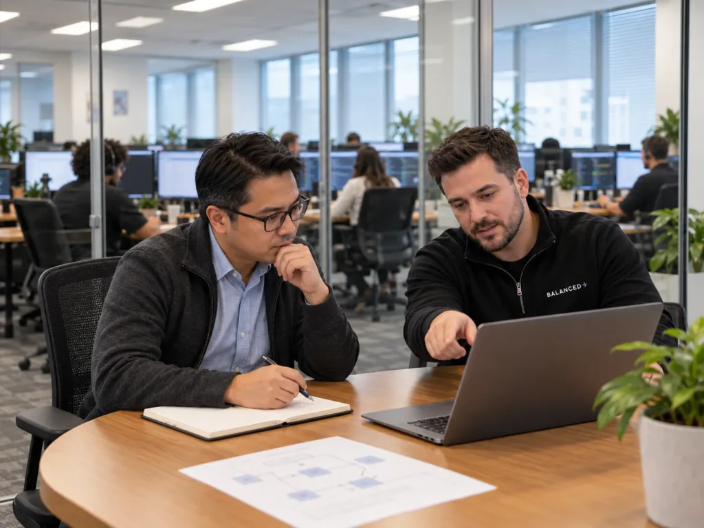 BALANCED+ service lead reviews a co-managed helpdesk workflow with an internal IT manager