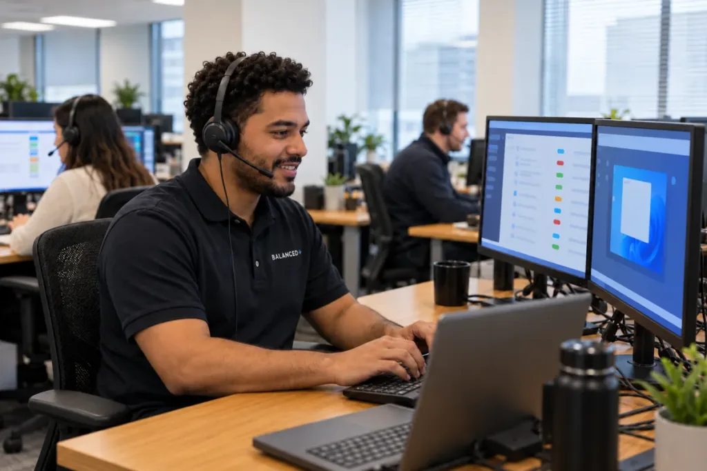 BALANCED+ help desk technician resolving a staff member's IT request remotely.