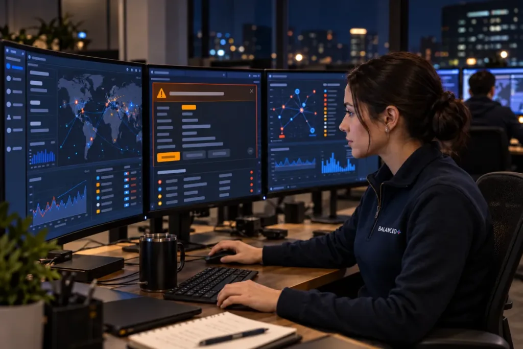 BALANCED+ security analyst monitoring client networks overnight in the security operations centre.