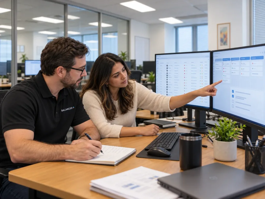BALANCED+ consultant reviews a stalled CRM implementation with a sales operations manager