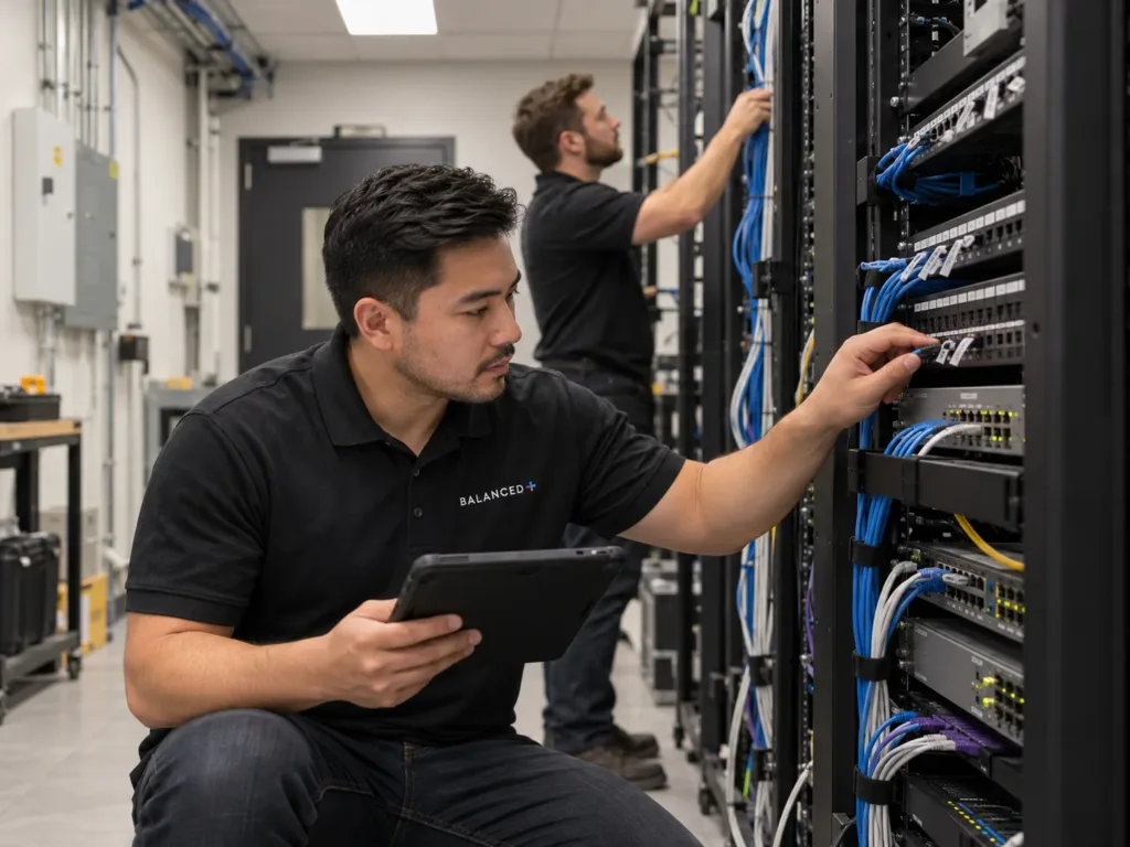 BALANCED+ technicians inspect and document network infrastructure in a server room