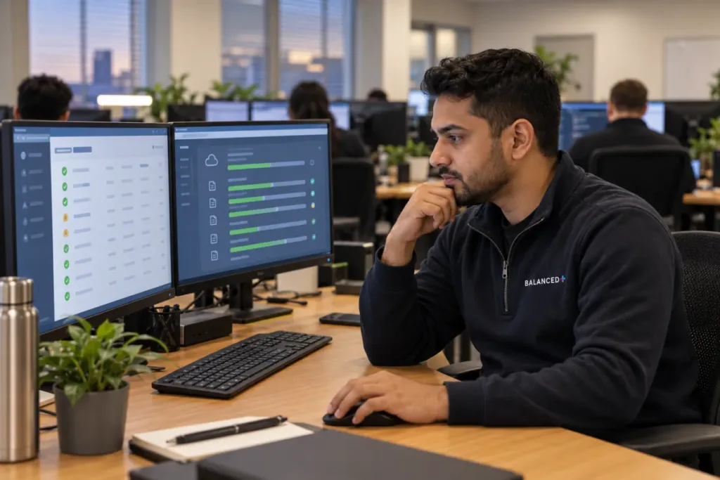 BALANCED+ technician reviewing scheduled updates and backup checks across a client's laptops and servers.