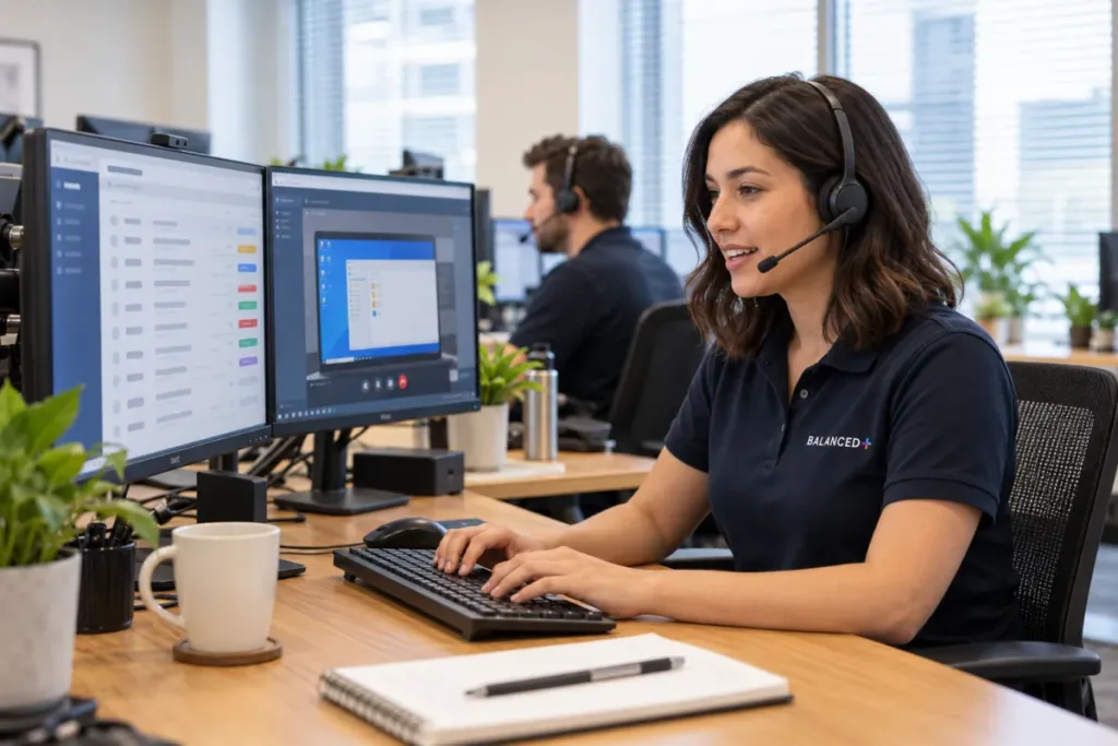 BALANCED+ help desk technician on a headset call resolving a client employee's request remotely.