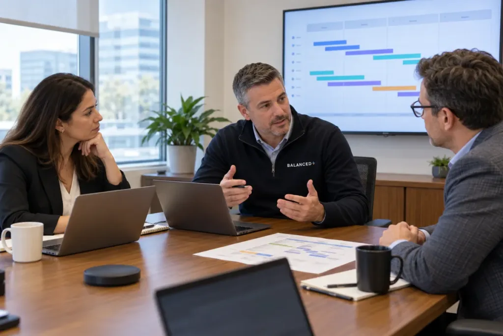 BALANCED+ IT advisor reviewing a hardware and licence replacement plan with a client's finance and operations leads.