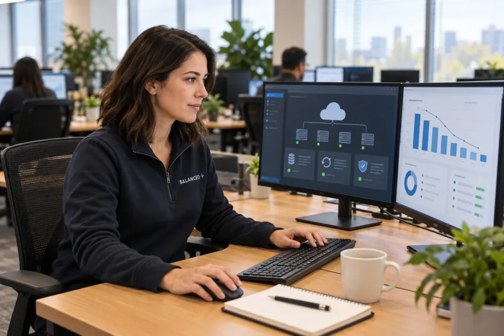 BALANCED+ engineer reviewing a client's Azure servers, backups and monthly spend from the Mississauga office